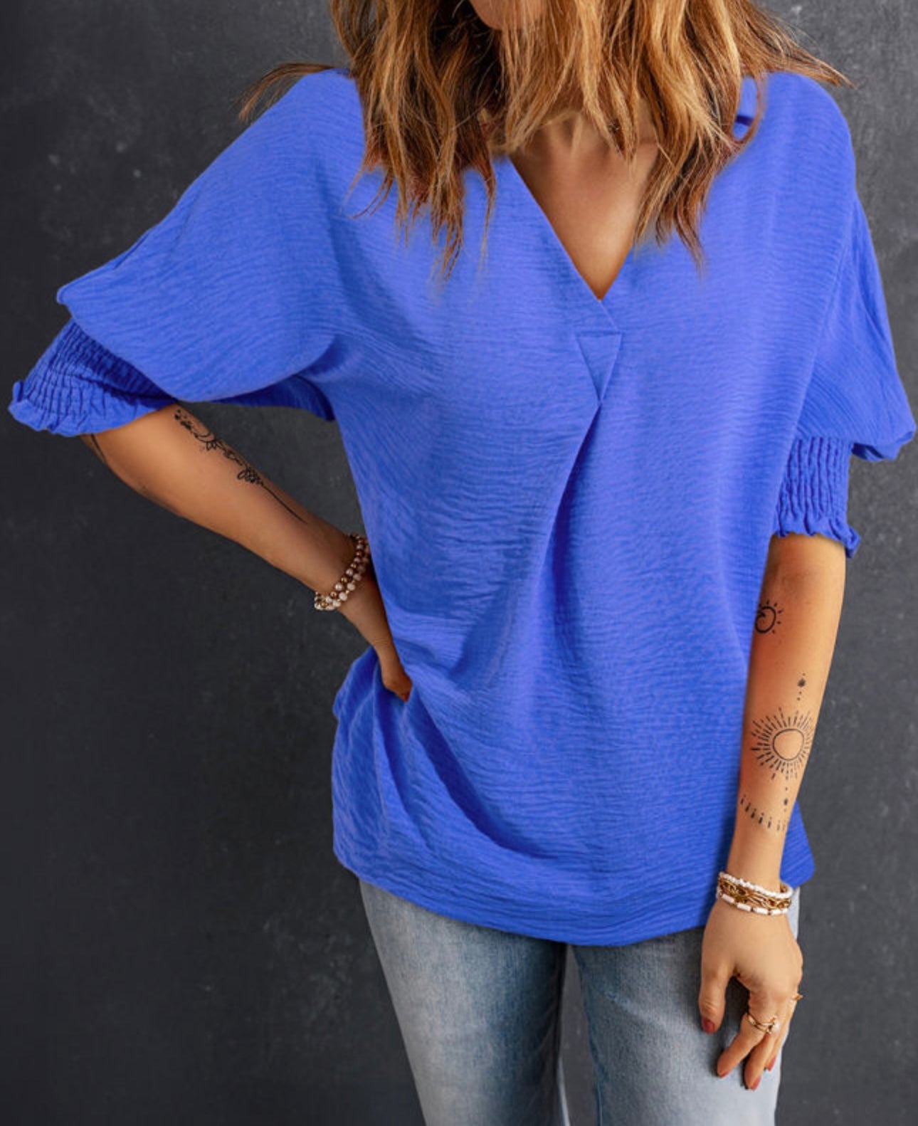 Blue Collared Smocked Sleeve Top