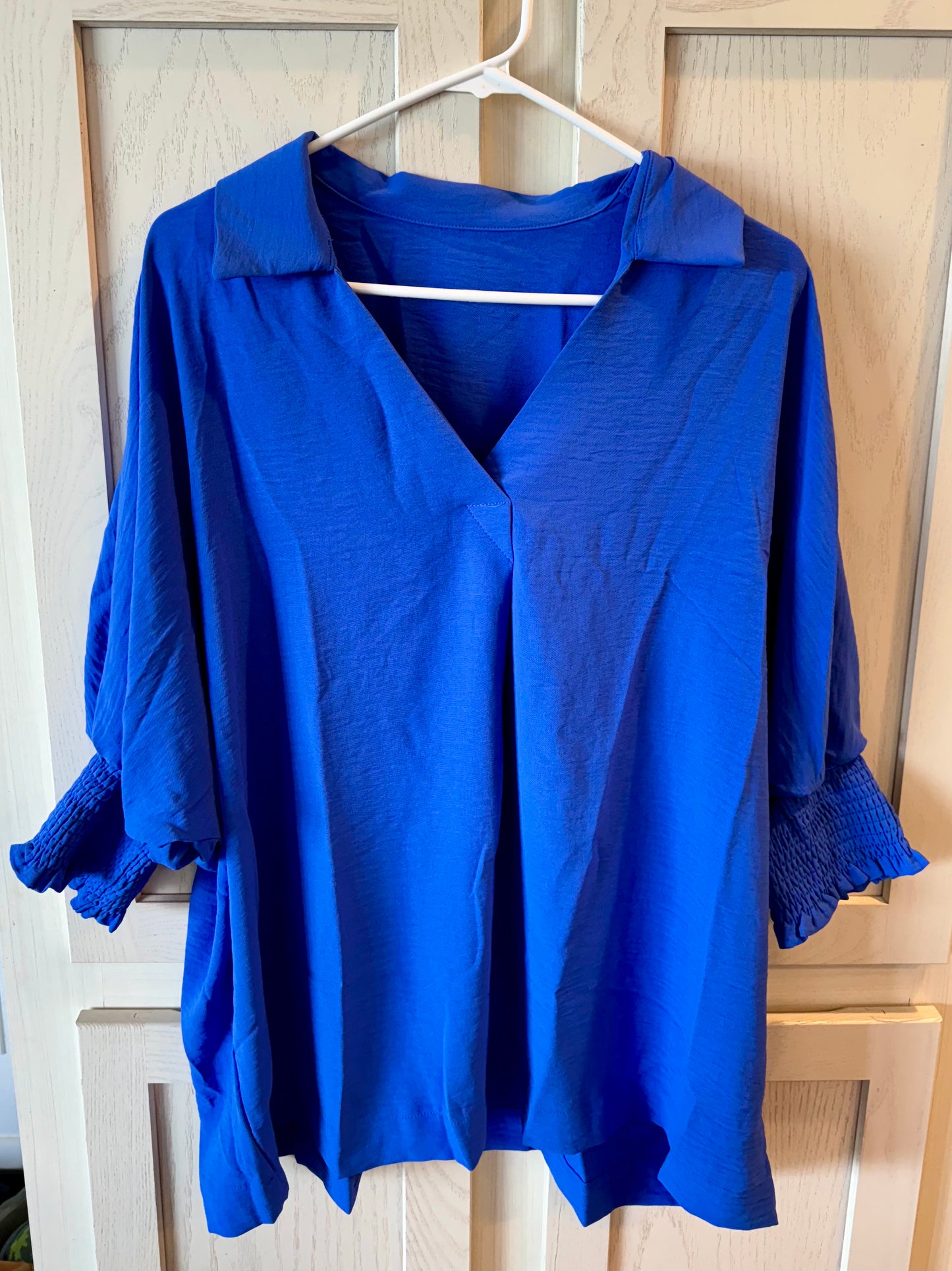 Blue Collared Smocked Sleeve Top